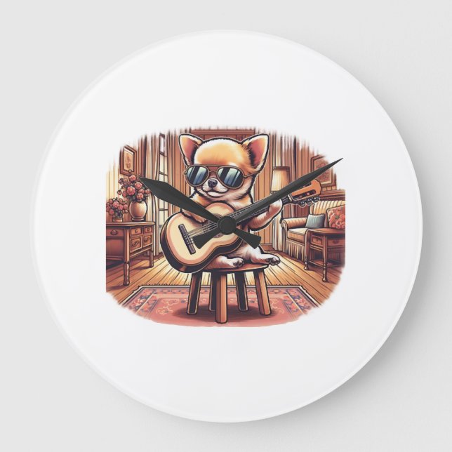 Cool Chihuahua Plays Classical Guitar Large Clock (Front)