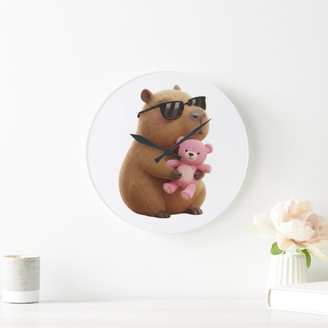 Cool Chill Capybara with Pink Teddy Bear Large Clock (Home)