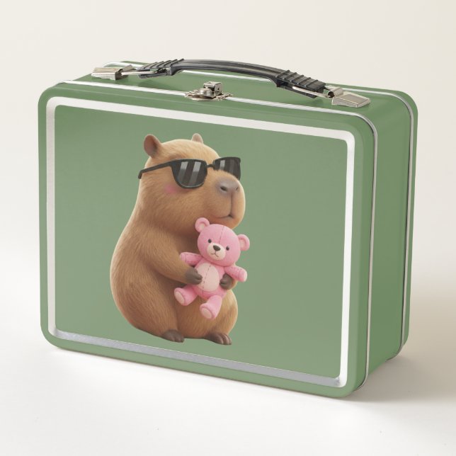 Cool Chill Capybara with Teddy Bear Metal  Lunch Box (Front)