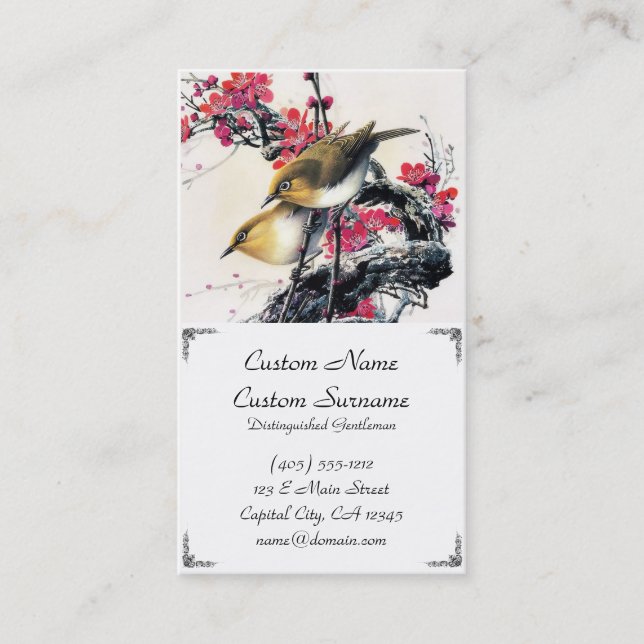 Cool chinese beautiful brown bird red cherry tree business card (Front)
