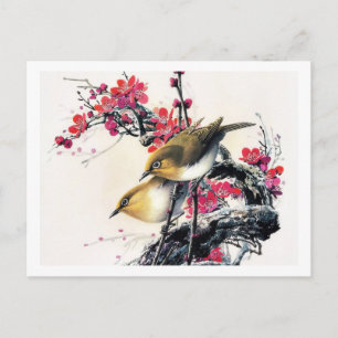 Cool chinese beautiful brown bird red cherry tree postcard