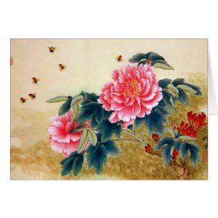 Cool chinese classic watercolor pink flower bee