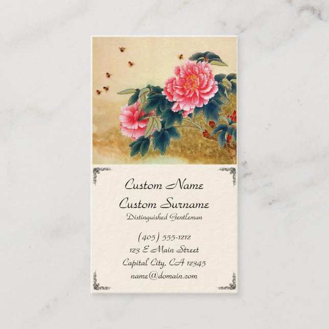 Cool chinese classic watercolor pink flower bee business card (Front)
