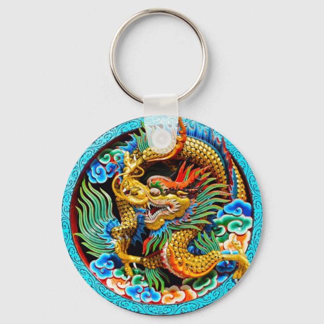 Cool chinese colourful dragon lotus flower art key ring (Front)