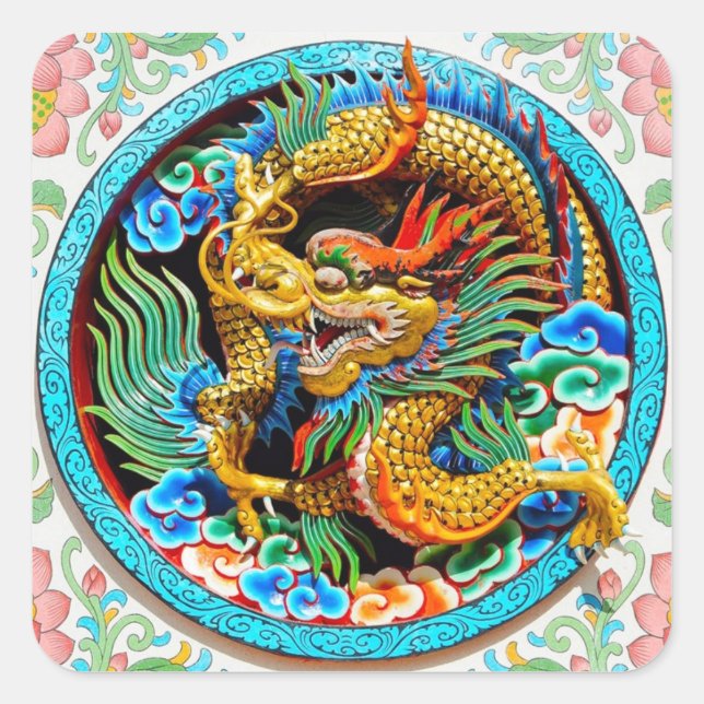 Cool chinese colourful dragon lotus flower art square sticker (Front)