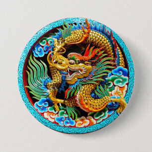 Cool chinese colourful dragon paint lotus flower 7.5 cm round badge