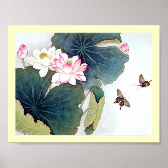 cool chinese lotus leaf pink flower butterfly art poster (Front)