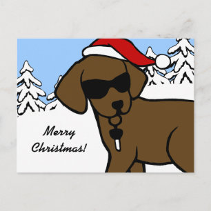 Cool Chocolate Lab Cartoon Christmas Snow Woods Holiday Postcard