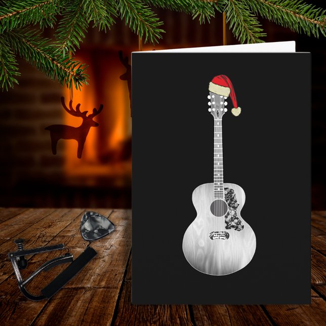 Cool Christmas Acoustic Guitar black and white  Card (Guitar players Christmas holiday card)