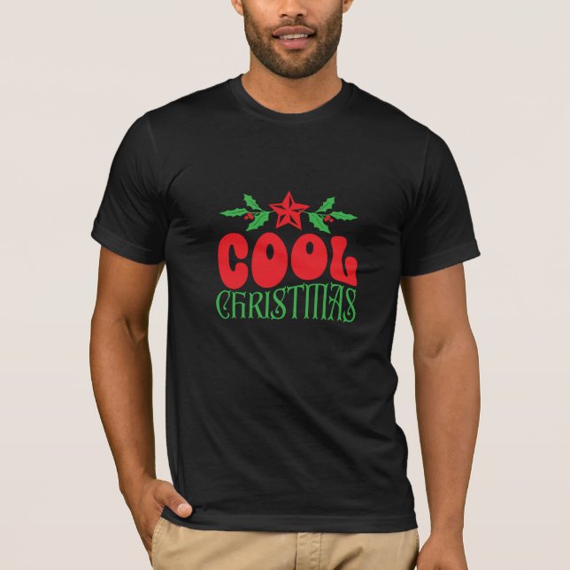 Cool Christmas – Fun Holiday Holly & Star Design T-Shirt (Front)