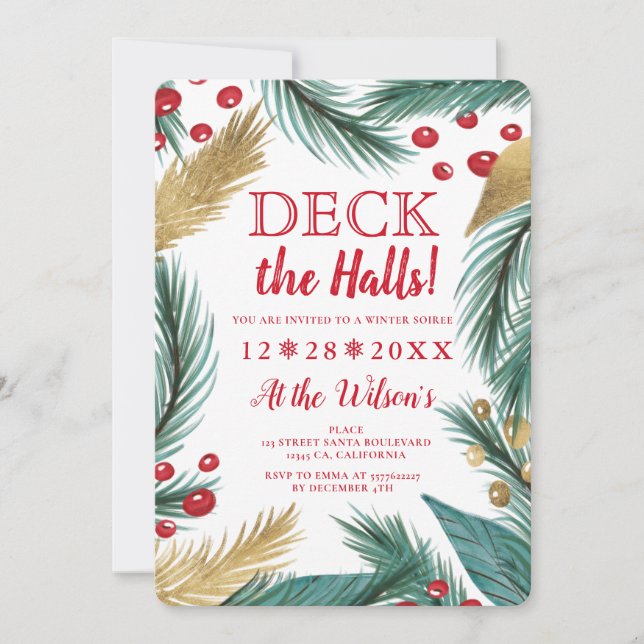 Cool Christmas pine mistletoe gold deck the halls Invitation (Front)