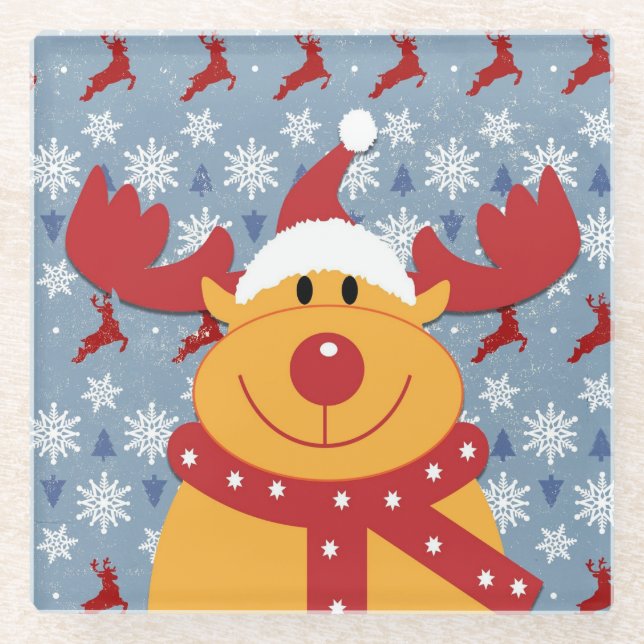 Cool Christmas Reindeer Glass Coaster (Front)