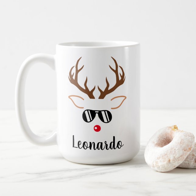Cool Christmas Reindeer red nose black sunglasses Coffee Mug (With Donut)