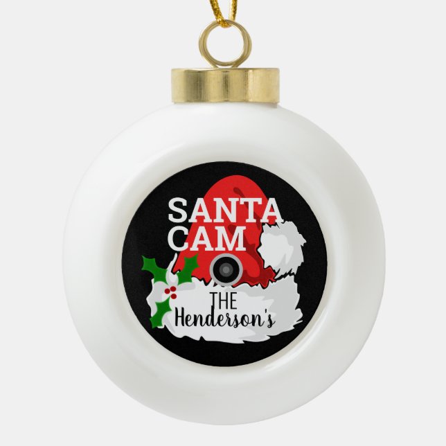 Cool Christmas Santa Cam Family Name Ceramic Ball Christmas Ornament (Front)