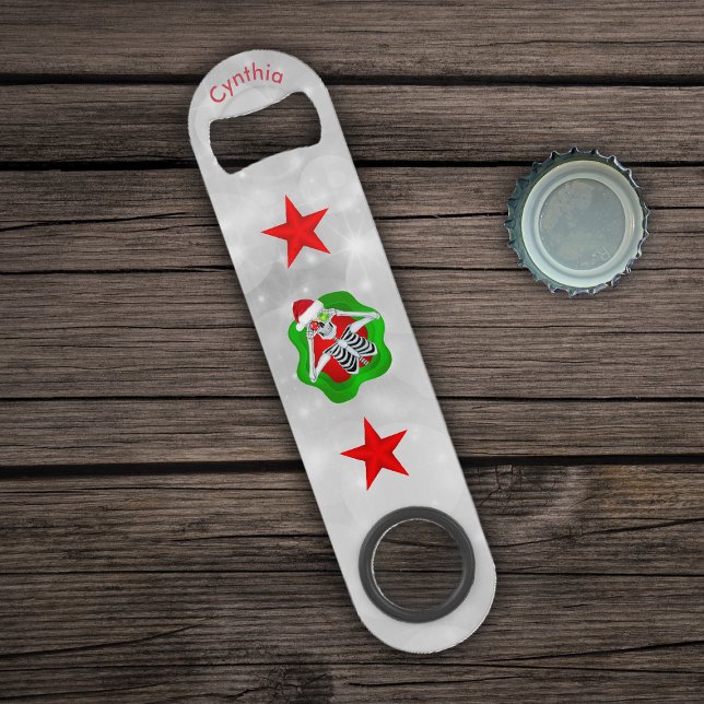 Cool Christmas Skeleton Red Stars Ornaments Circle (Christmas skeleton in 3d splatter shape red stars on white circles bartender bottle opener.)