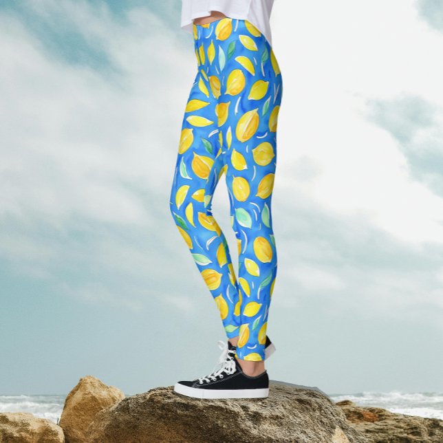 Cool Citrus Fresh Lemons Watercolor  Pattern Leggings (Creator Uploaded)