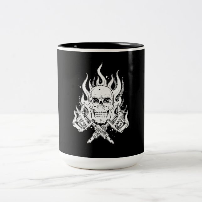Cool Classic Elegant Black White Skull tattoo Two-Tone Coffee Mug (Center)