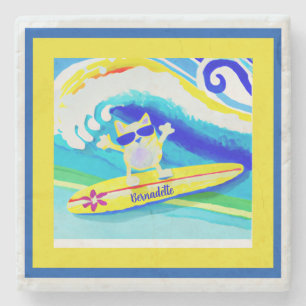 Cool Coastal Beach Vibes Surfer Cat Name Stone Coaster