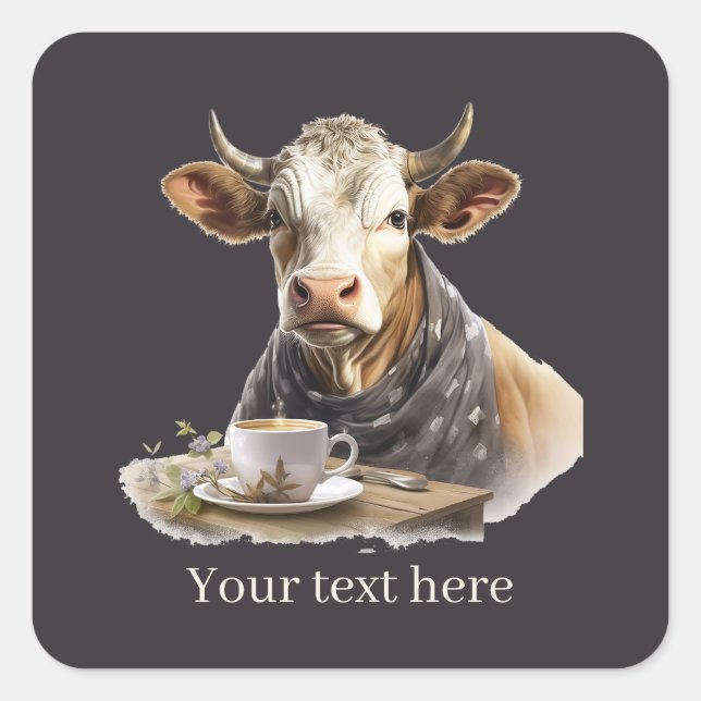 Cool coffee cow add text square sticker (Front)
