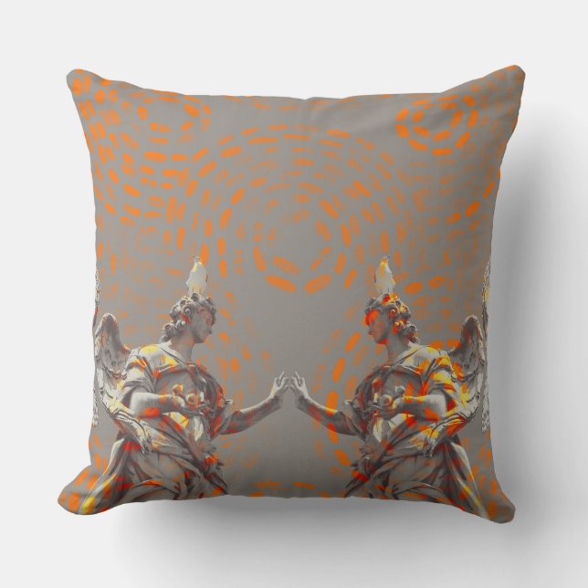 Cool collage of sculptures and orange circles cushion (Front)