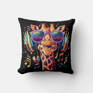 Cool Colorful Party Giraffe with Headphones  Cushion