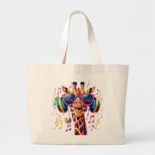 Cool Colorful Party Giraffe with Headphones  Large Tote Bag