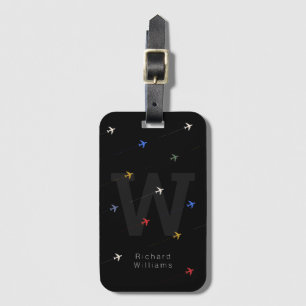 cool colour aeroplanes on monogrammed black luggage tag