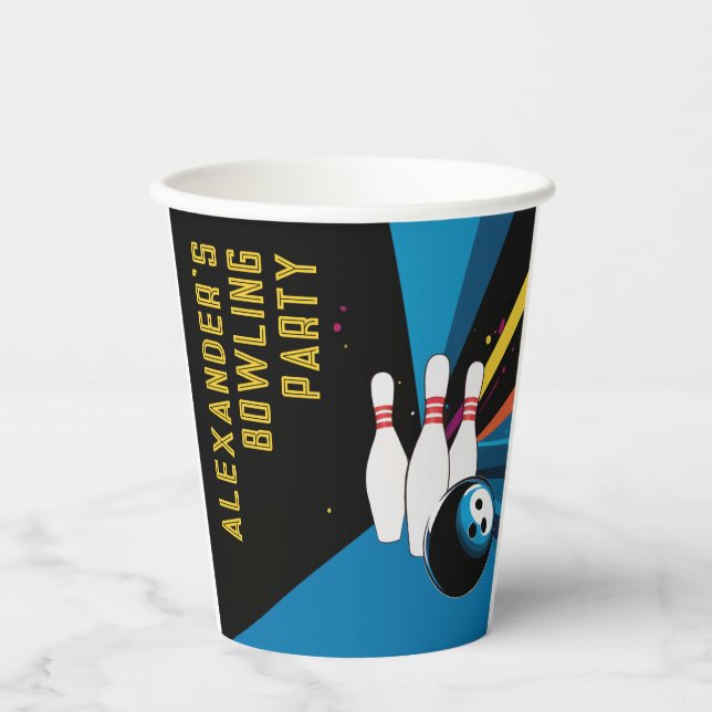 Cool Colourful Blue Bowling Birthday Party Name Paper Cups (Front)