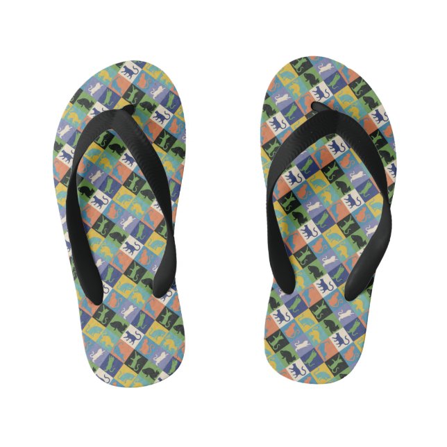 Cool Colourful Cat Silhouettes in Quilt Squares Kid's Thongs (Footbed)