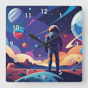 Cool & Colourful Childrens Spaceman Cartoon Square Wall Clock