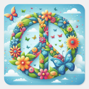 Cool & Colourful Floral Peace Sign with Butterfly Square Sticker