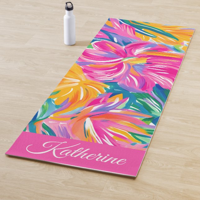 Cool Colourful Floral Script Name Tropical Yoga Mat (In Situ)