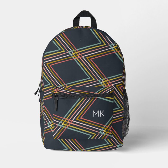 Cool Colourful Geometric Pattern Monogram Initials Printed Backpack (Front)