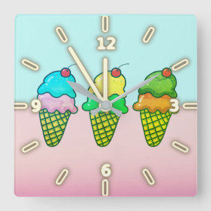 Cool Colourful Ice Cream Cones Square Wall Clock