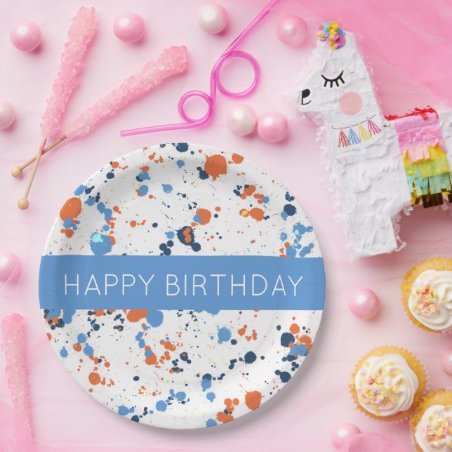 Cool Colourful Paint Splatter Happy Birthday  Paper Plate (Party)