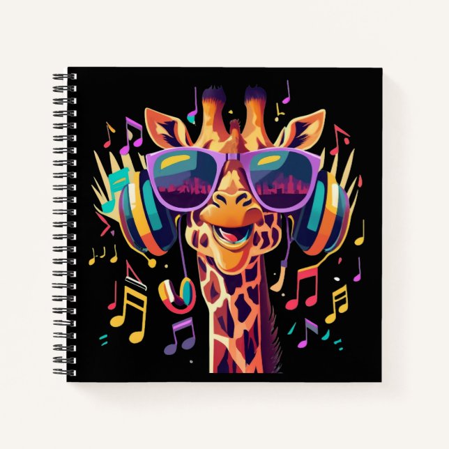 Cool Colourful Party Giraffe with Headphones  Notebook (Front)