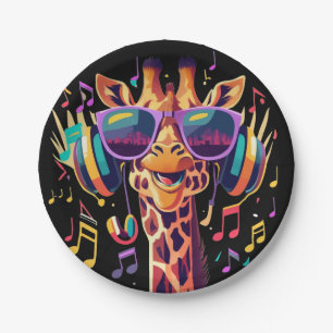 Cool Colourful Party Giraffe with Headphones  Paper Plate