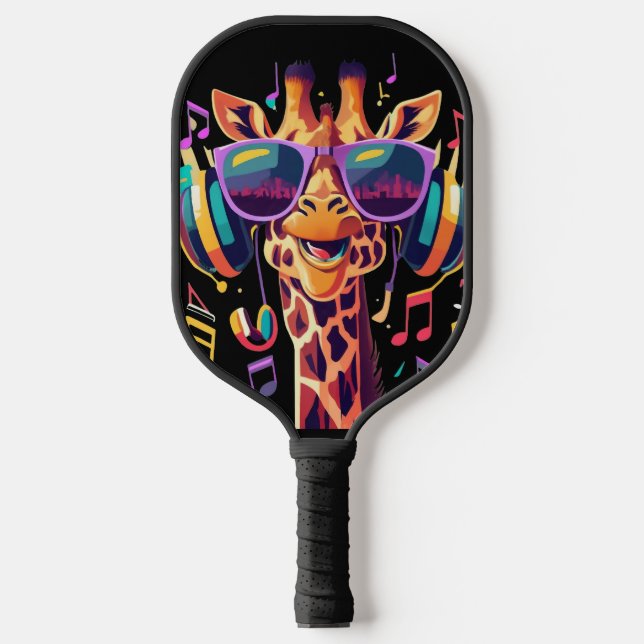 Cool Colourful Party Giraffe with Headphones  Pickleball Paddle (Front)