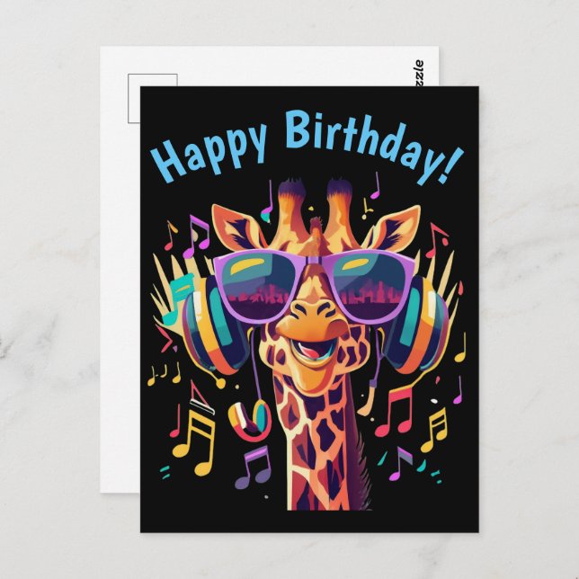 Cool Colourful Party Giraffe with Headphones  Postcard (Front/Back)