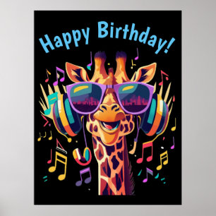 Cool Colourful Party Giraffe with Headphones  Poster