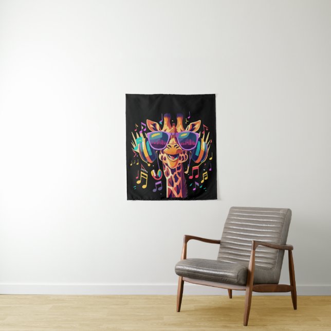 Cool Colourful Party Giraffe with Headphones  Tapestry (In Situ)