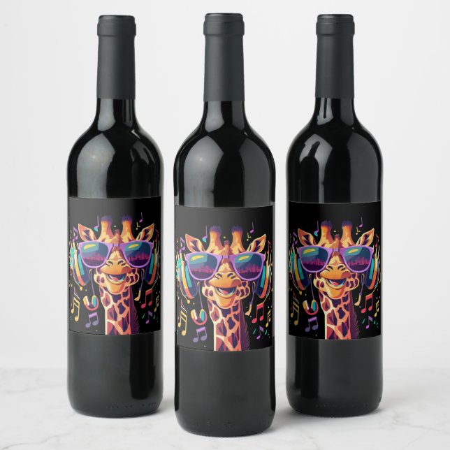 Cool Colourful Party Giraffe with Headphones  Wine Label (Bottles)