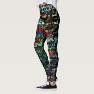 cool & colourful rock & roll pattern black leggings