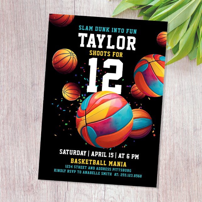 Cool Colourful Sport Basketball Black Bday Party Invitation (Creator Uploaded)