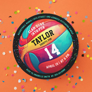 Cool Colourful Sport Black Basketball Party Invitation