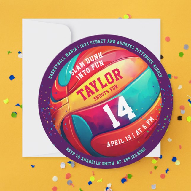 Cool Colourful Sport Slam Dunk Purple Basketball   Invitation (Creator Uploaded)