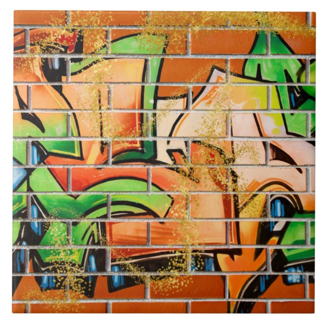 Cool Colourful Urban Graffiti with Faux Glitter Ceramic Tile (Front)