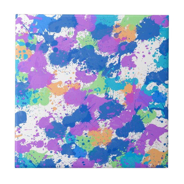 Cool Colours Abstract Splatter Paint, Blurple Ceramic Tile (Front)