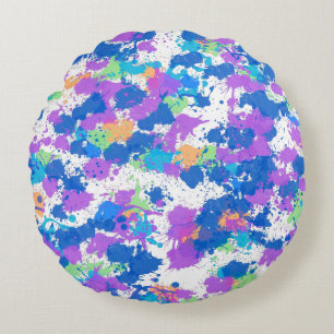 Cool Colours Abstract Splatter Paint, Blurple Round Cushion