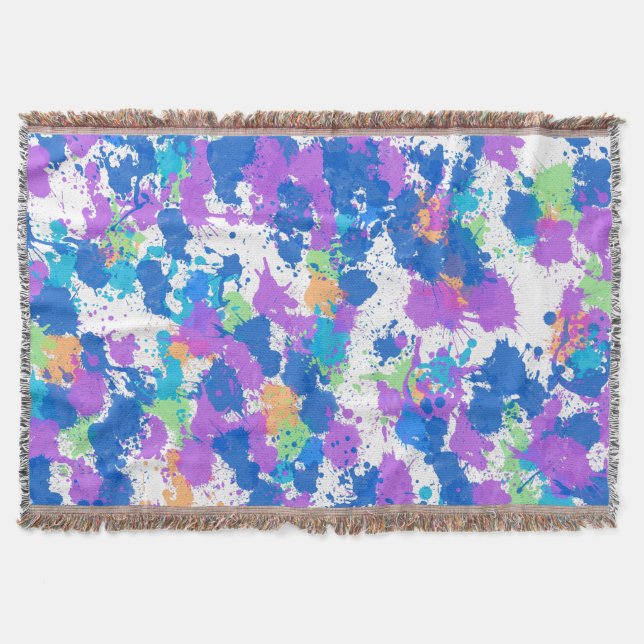 Cool Colours Abstract Splatter Paint, Blurple Throw Blanket (Front)